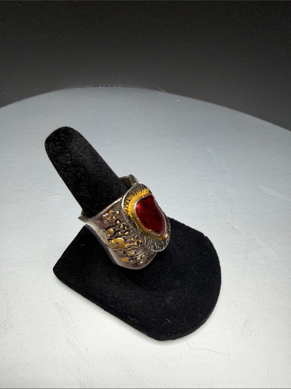 Handcrafted Silver Ring with Red Heart Cabochon and Gold Accents
